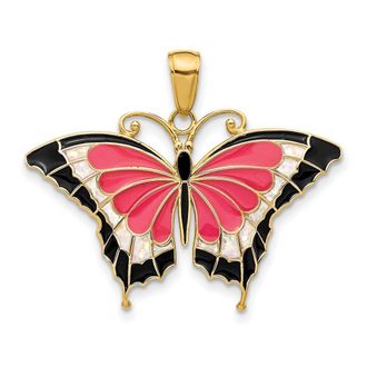 Diamond2Deal 14k Yellow Gold Pink Enameled Butterfly Pendant