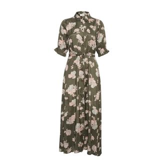 Kaffe Bloemen Maxi Jurk met Pofmouwen - Dames - Shirt Kleedjes - Groen - L - Satijn - Kleedjes