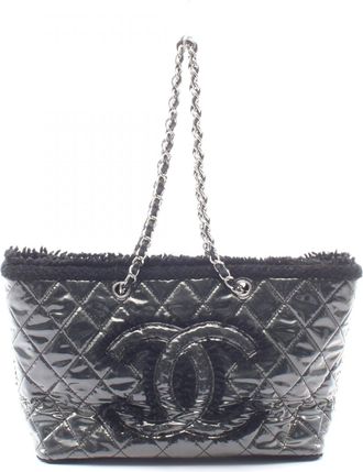 Chanel Black Vinyl Wool Handbag Tote Bag (Pre-Owned)