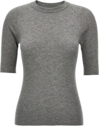 Brunello Cucinelli Round-neck Knitwear, female, Gray, S, Sparkling Cashmere Lightweight Rib Jumper