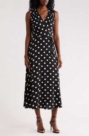 Calvin Klein Polka Dot Sleeveless Faux Wrap Maxi Dress in Black Cream at Nordstrom Rack, Size 10