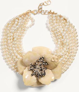 Valentino Garavani Collana Fleur Lumineuse In Metallo, Smalto, Perle E Tessuto Donna ORO/CREMA UNI