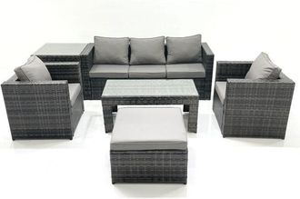 Fimous Fimous Rattan Garden Furniture Set Outdoor Lounger Sofa with Coffee Table 2 Armchair Big Footstool Side Table Dark Grey Mixed