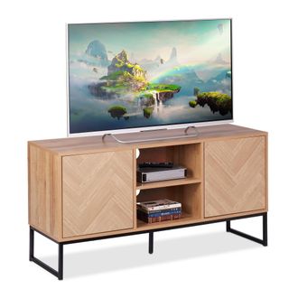 Relaxdays Relaxdays - Mueble De Tv Dise&ntilde;o Retro, Mesa Tele, Estilo Madera, Metal, 4 Compartimentos, 60x120x38 Cm, Marr&oacute;n Claro/negro