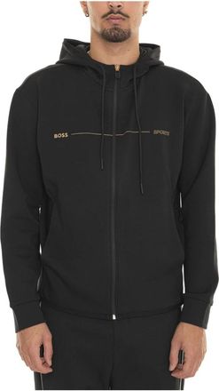 HUGO BOSS Hooded sweatshirt met ritssluiting en logo in reli&euml;f - Heren - Vesten met rits - Zwart - 3XL - Katoen - Hoodies & sweatvesten