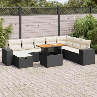 vidaXL Set Sof&aacute;s Jard&iacute;n Y Cojines 9 Pzas Rat&aacute;n Sint&eacute;tico Acacia Negro Vidaxl