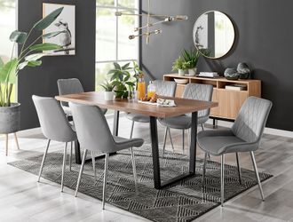 Furniturebox Kylo Large Brown Wood Effect Dining Table & 6 Pesaro Velvet Silver Leg Chairs in Grey