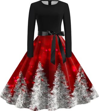 Generic Womens Christmas Dress Multi Colored Vintage Printed Holiday Long Sleeve Cocktail Dress Winter Dresses for Women 2025 Party Dresses with Novelty Chris