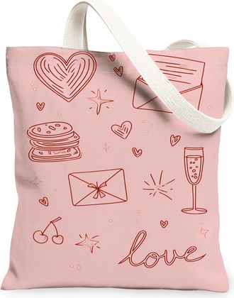 Generic Love Canvas Tote Bags, Heart and Dessert Pattern Reusable Grocery Bags, ValentineS Day Chic Lightweight Washable Shoulder, Peach, 13x15 Inch