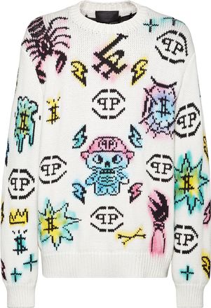 Philipp Plein Wool Cotton Pullover Round Neck LS Tattoo Monogram