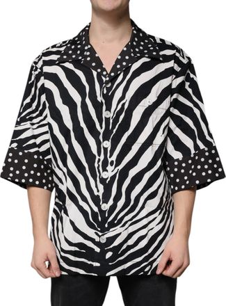 Dolce & Gabbana Mens Black White Zebra Button Down Oversize Shirt And Cotton Nylon Elastane