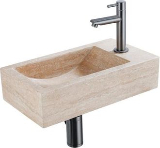 Saniclass Fuente Fonteinset - 40x22x10cm - kraangat rechts - fonteinkraan geborsteld gunmetal PVD - afvoerplug - verlaagd sifon - gemeleerd natuursteen