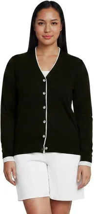 Lands End Plus Size Double Trim Cotton V-neck Cardigan Sweater in Black/white at Nordstrom, Size 1X