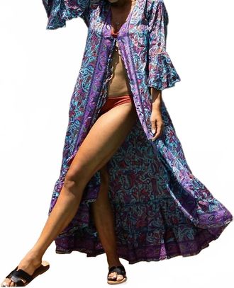 Powell Craft Everleigh Open Front Kaftan Dress In Blue And Purple