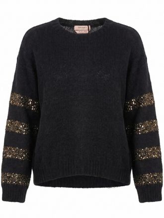 Twin-Set Relaxed Fit Black Knit Sweater with Sequined Sleeves
