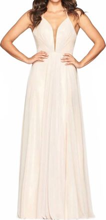Faviana Glitter Chiffon V-Neck Dress In Champagne