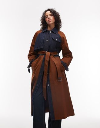 AllSaints Dayly - Trench color block marrone e denim lavaggio scuro con cintura