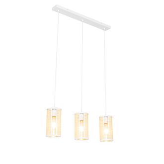 QAZQA Retro/vintage L&aacute;mpara Colgante Oriental Blanca Con Rat&aacute;n 3 Luces Oblonga - Akira /acero Alargada Adecuado Para Led Max. 3 X 40 Watt - Qazqa
