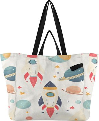 Generic Planet Stars Beige pattern Reusable Canvas Tote Bag, Heavy Duty Grocery Shopping Bag with Large Capacity Double Handles Hard Bottom Work Groceries Tra