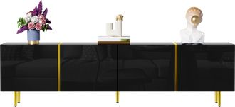 STILVORA Mueble De Tv Con 4 Puertas Y Bisagras Soft-close, Acabado Brillo Negro Con Detalles Dorados, Mdf, 170&times;35&times;46 Cm