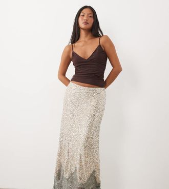 Never Fully Dressed Petite Maeva gonna midi con paillettes e dettagli in pizzo, argento