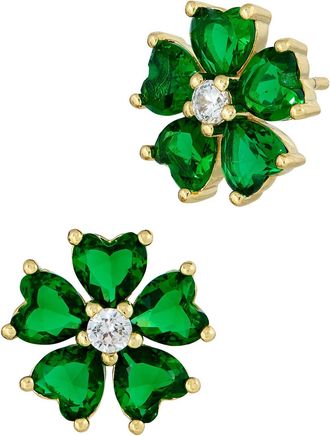 Savvy Cie Jewels 18K YELLOW GOLD PLATED FLOWER GREEN AND WHITE STONES EARRINGS