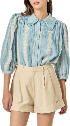 English Factory Ruffle Embroidered Puff Shoulder Shirt in Powder Blue/Natural at Nordstrom, Size X-Small