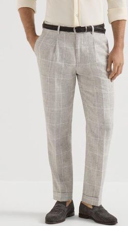 Brunello Cucinelli Linen Prince of Wales trousers with pleat in Panama at Nordstrom, Size 54