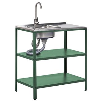 Beliani Isla De Cocina Exterior De Acero Con Fregadero Ca&ntilde;o Monomando Estantes Encimera De Acero Inoxidable 80x50x92 Cm Verde Vilama