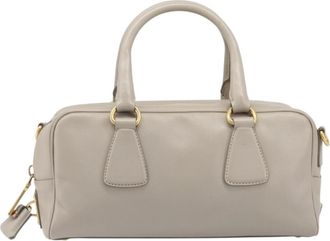 Prada Convertible Bauletto Saffiano Leather Gray Leather Handbag (Pre-Owned)
