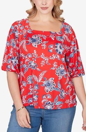 Ruby Rd. Floral Three-Quarter Puff Sleeve Jersey Top in Red Multi at Nordstrom Rack, Size 1X