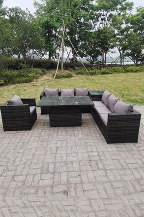 Fimous 7 Seater Rattan Corner Sofa Set Garden Furniture Rising Adjustable Dining Table Set Arm Chair in Dark Grey
