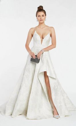 Alyce Paris Jacquard V Neck Slit Gown In Ivory