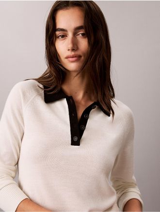 Calvin Klein Womens Extra Fine Merino Blend Polo Sweater - White - XL
