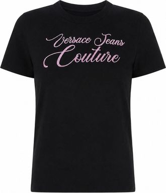 Versace Jeans Couture Cropped Cursive Logo Strass Cotton T-Shirt