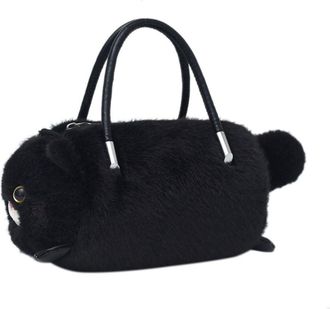 Generic Cartoon Cat Plush Womens Handbag, Large capacity Fluffy Shoulder Bag, Casual Furry Zipper Shoulder Bag Handbag(Black)