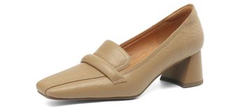 TinaCus Womens Genuine Leather Classic Square Toe Handmade Low Chunky Heel Loafers Pumps Shoes, Apricot, 3 UK