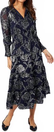 Sail to Sable Smocked Waist Midi Dress In Navy Metallic Jacquard