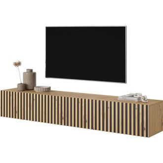 Selsey Selsey - Telire - Mueble De Tv Colgante - Roble Artesano Con Frente De Listones E Inserciones Negras - 175 Cm