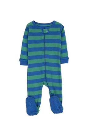 Leveret Footed Printed Cotton Pajamas, Solids, Stripes & Tie Dye in Striped Blue & Green at Nordstrom, Size 12-18M