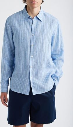 Theory Irving Relaxed Fit Stripe Linen Button-Up Shirt in Crisp Blue Multi at Nordstrom, Size Xx-Large