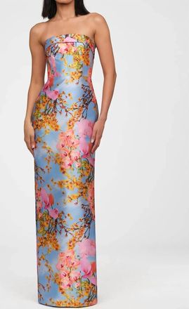 Theia Cleo Strapless Column Gown In Whisper Blue Zen In Bloom