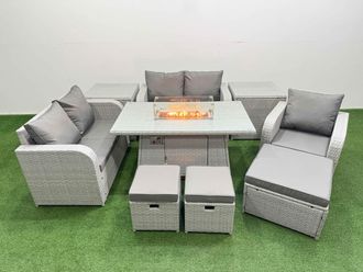 Fimous High Back Poly Rattan Garden Furniture Set w/ Reclining Chair Loveseat Sofa Firepit Dining Table Indoor Outdoor Patio Set 3 Stools 2 Side