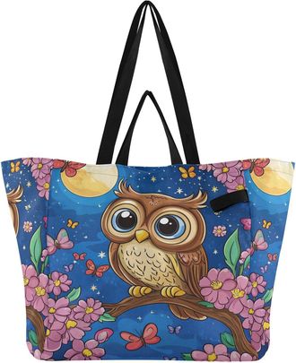 Generic Owl Cherry Blossoms Blue print Reusable Canvas Tote Bag, Heavy Duty Grocery Shopping Bag with Hard Bottom Double Handles Large Capacity Work Groceries