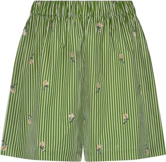 Lela Rose Embroidered Striped Cotton Short in Cactus at Nordstrom, Size X-Small