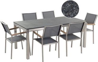 Beliani 6 Seater Garden Dining Set Single Black Flamed Granite Top Grey Chairs Grosseto