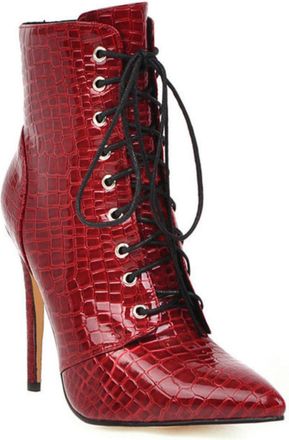 Generic Womens Lace-Up Front Ankle Boots with Pointed Toe & Stiletto Heel Fashionable Style for Evening and Party Wear,Red,7.5 UK
