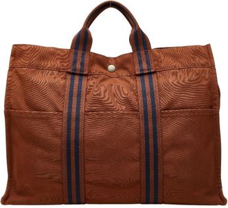 Herm&egrave;s Brown Navy Canvas Tote Bag (Pre-Owned)