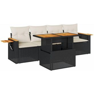 vidaXL 5 Piece Garden Sofa Set with Cushions Black Poly Rattan Acacia Vidaxl