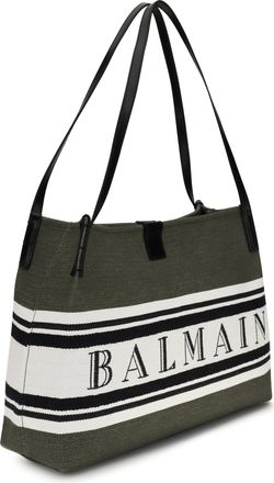 Balmain Womens Medium Canvas And Leather Release Tote Uje Dark Olive- Noir- Blanc Cotton; Polyester Shoulder Bags Olive/ Noir
